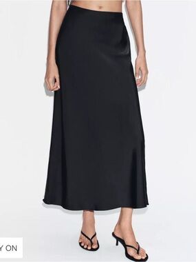 Zara Black Satin Maxi Slip Skirt